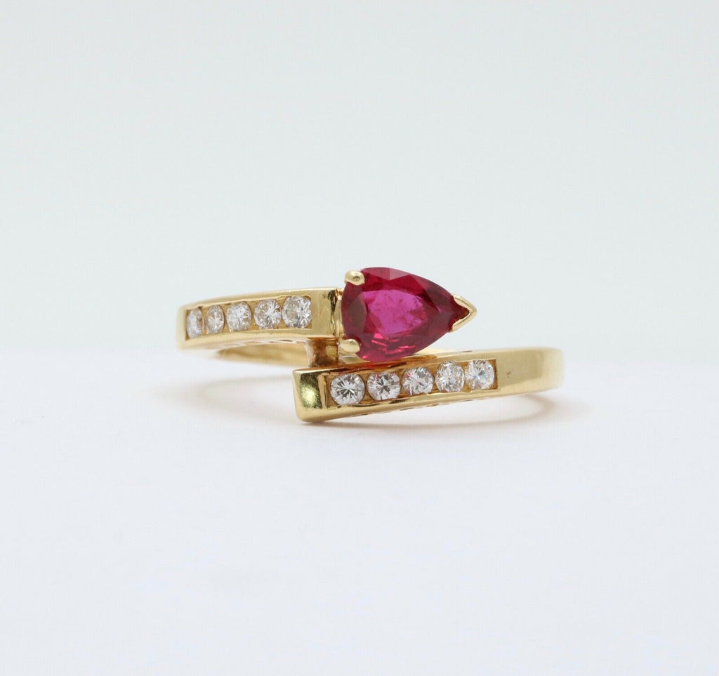 Vintage 18K Yellow Gold Bypass Snake Ruby and Diamond Ring Stacking Ring.