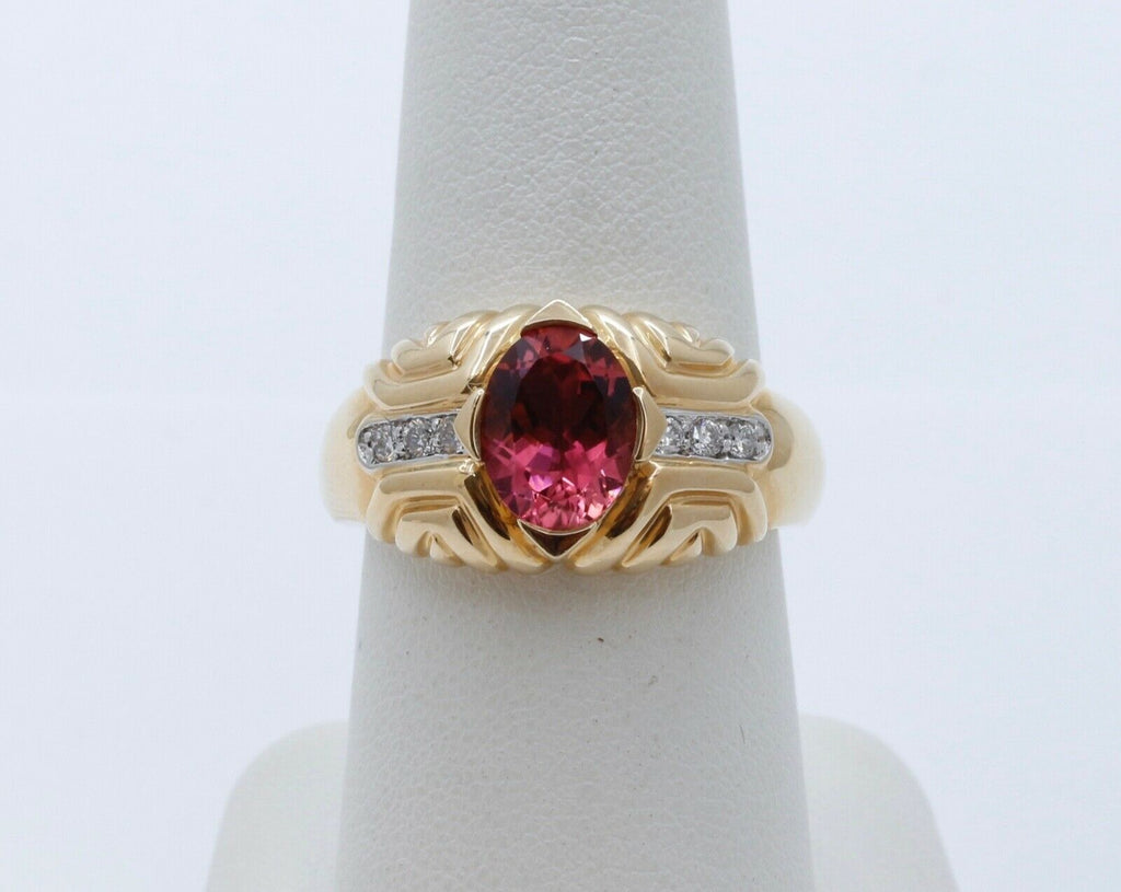 Vintage Large Tourmaline Diamonds 14K Yellow Gold Cocktail Ring