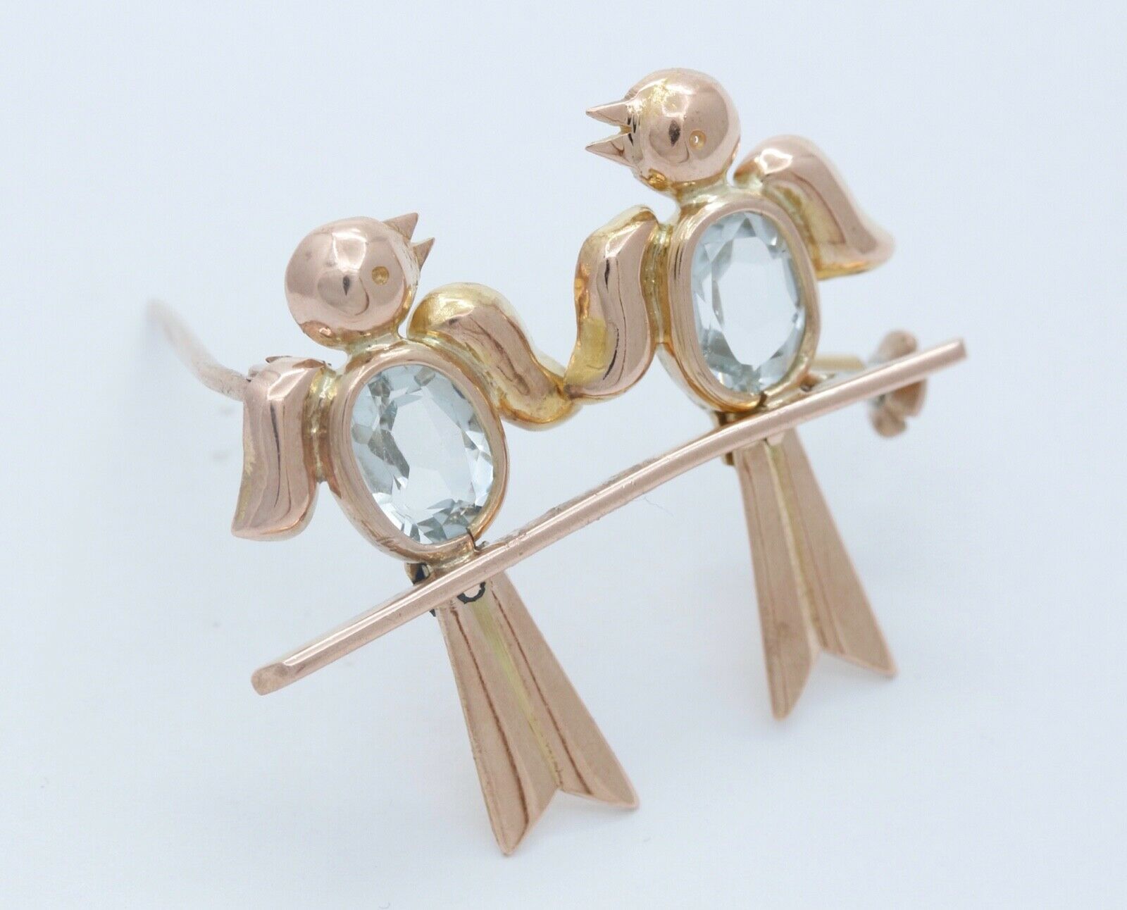 Vintage Lovebirds 18K Rose Gold Aquamarines Brooch Pin
