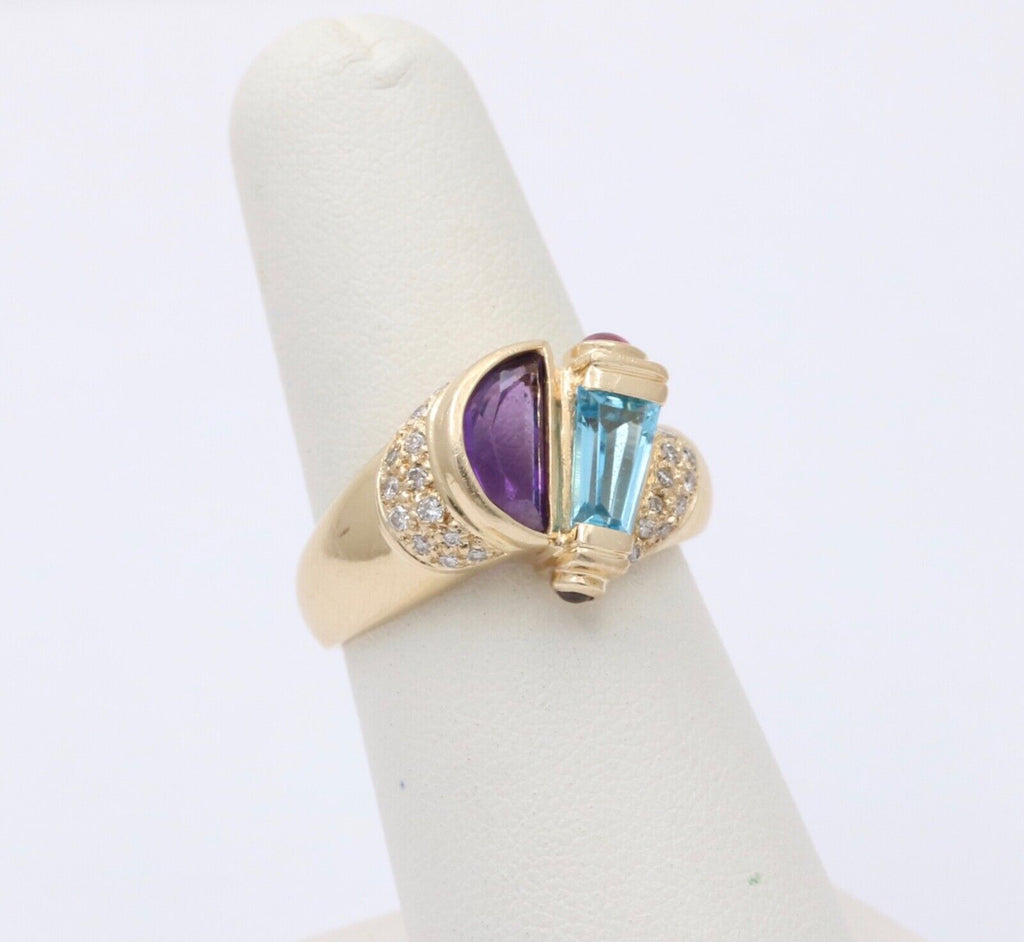 Vintage Geometric Amethyst Blue Topaz Tourmalines Diamonds 14K Yellow Gold Ring