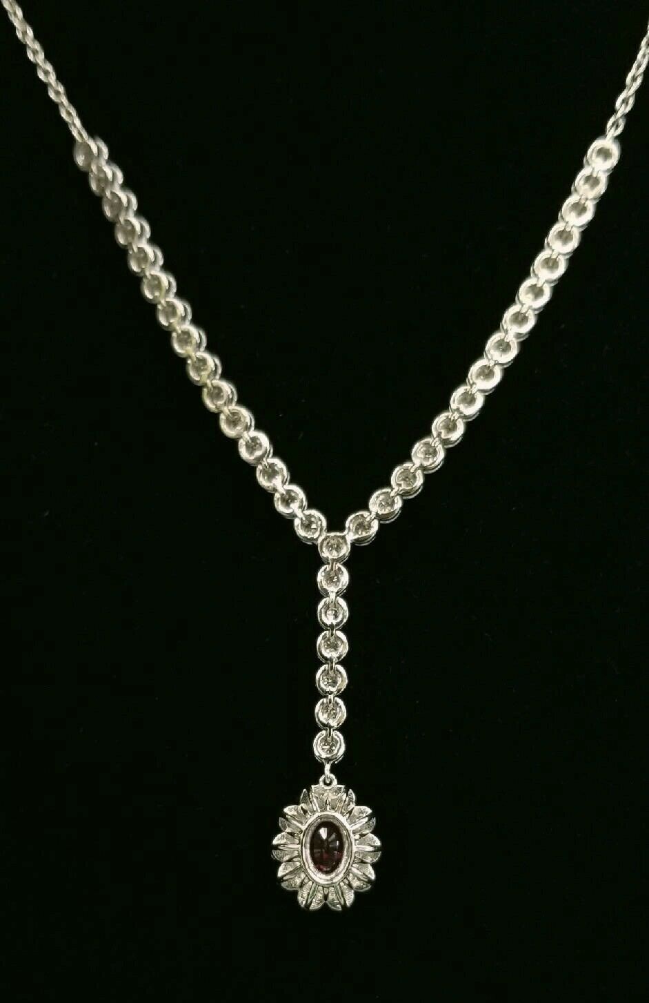 Vintage Ladies Oval Ruby Diamonds 18K White Gold Necklace