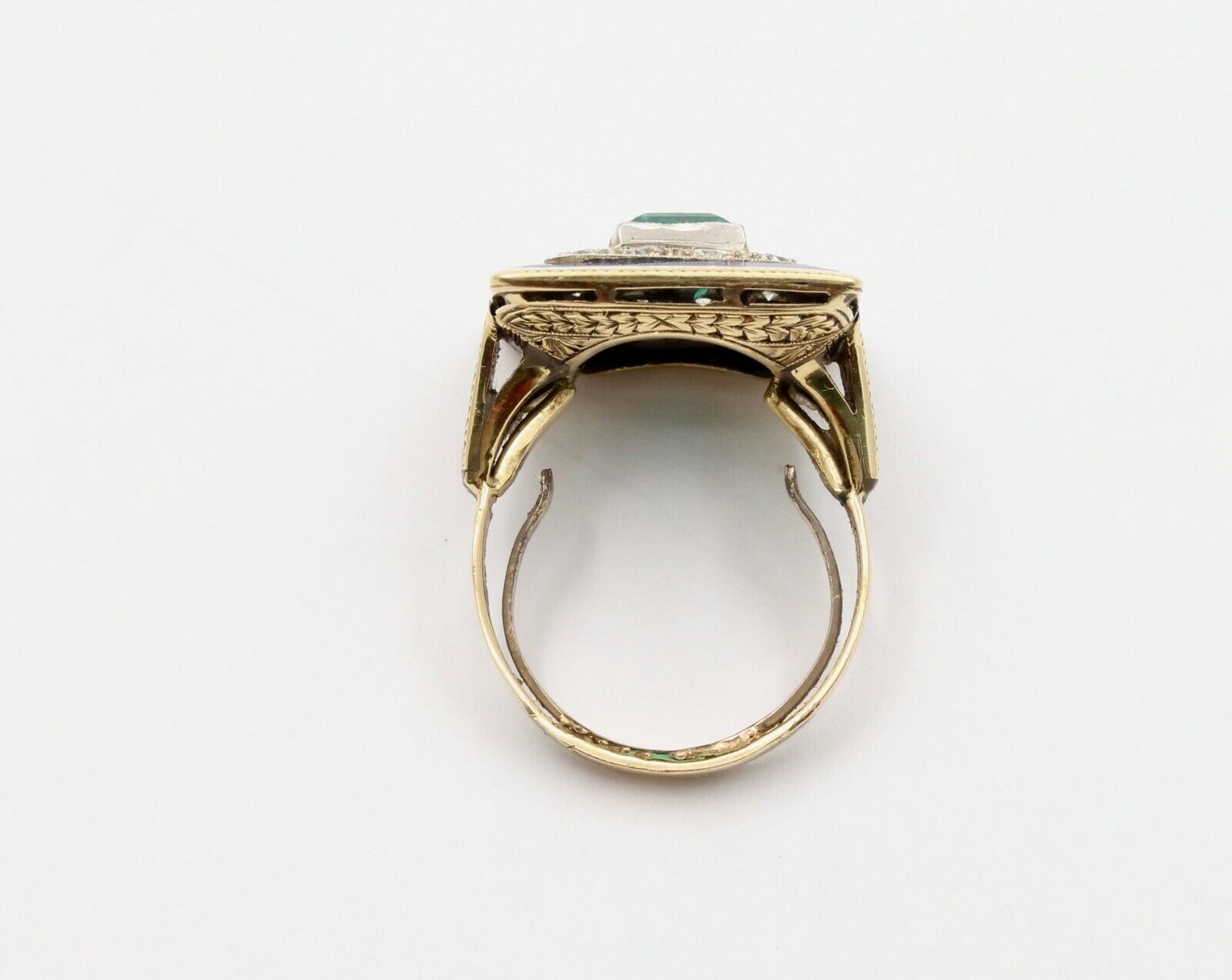 Vintage 14K Yellow Gold Emerald Diamond Enamel Ring
