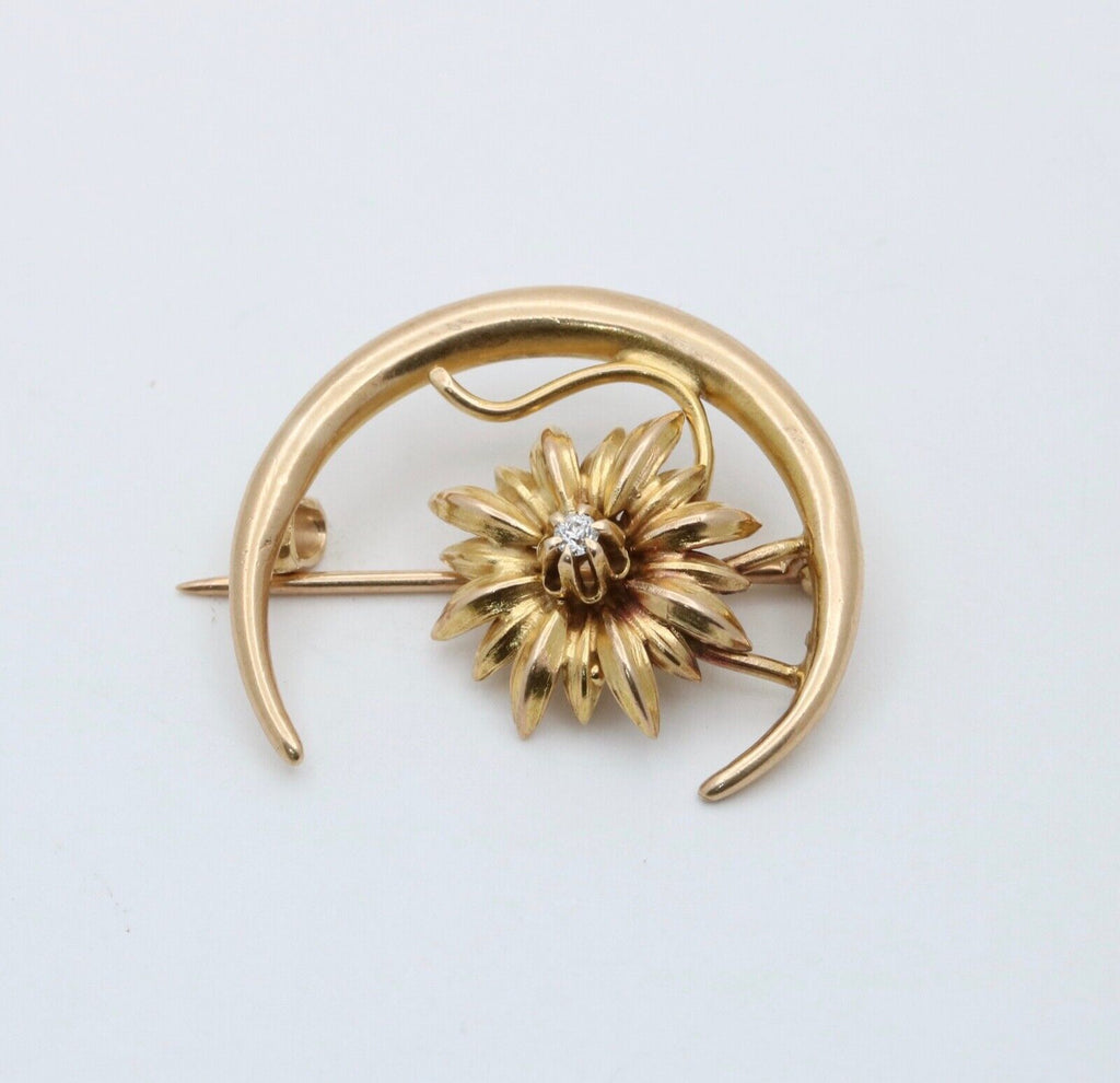 Victorian 10K Yellow Gold Crescent & Chrysanthemum Flower Diamond Pin