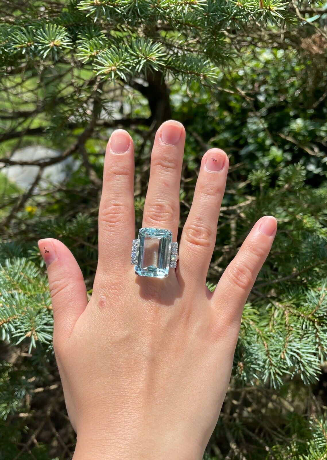 Huge Vintage 14K White Gold 26 Carat Aquamarine Diamond Statement Ring