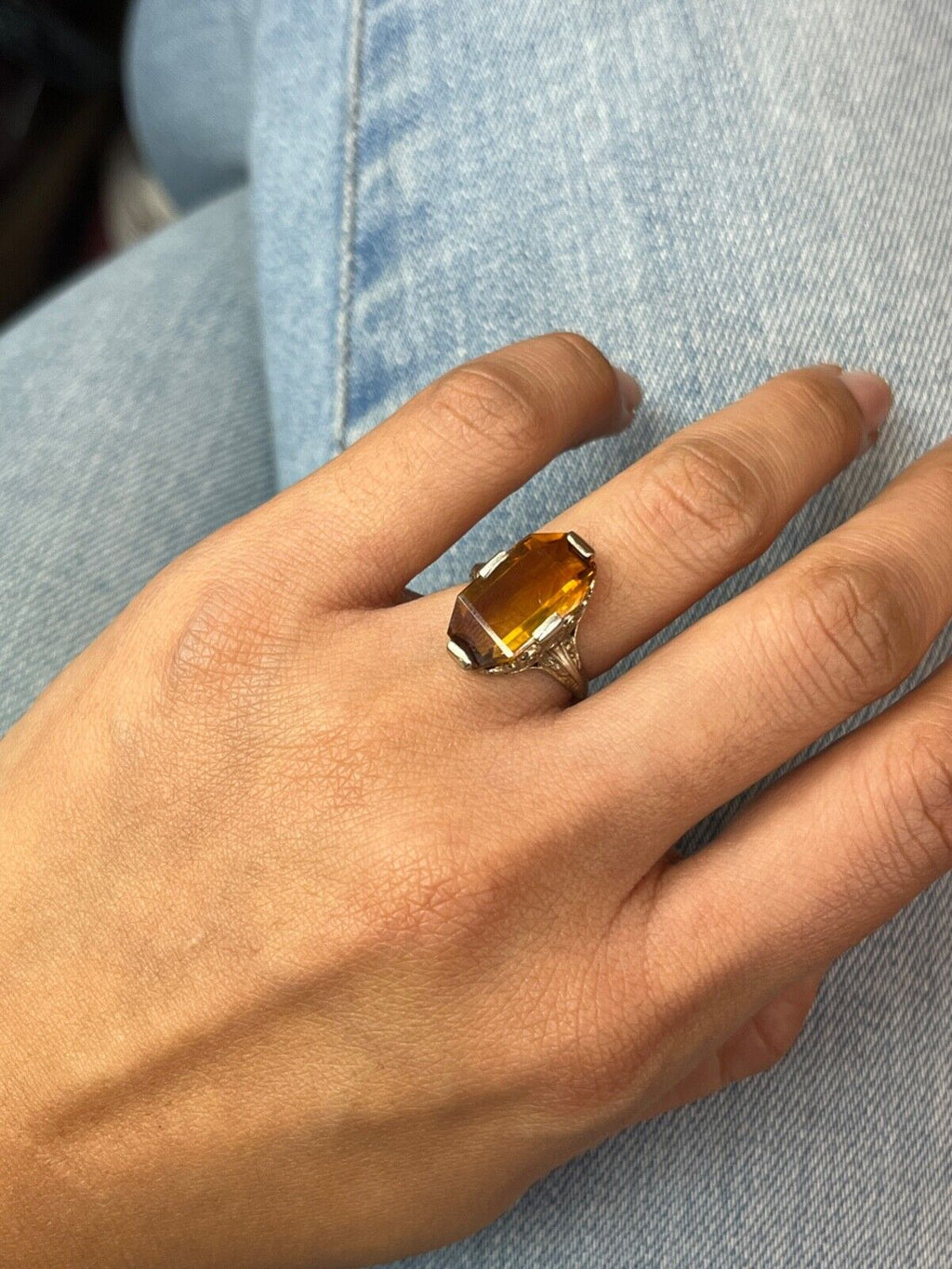 Antique Art Deco Citrine 14K White Gold Filigree Ring, Statement Ring