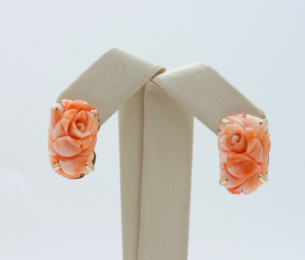 Carved Coral Flower 14K Yellow Gold Earrings