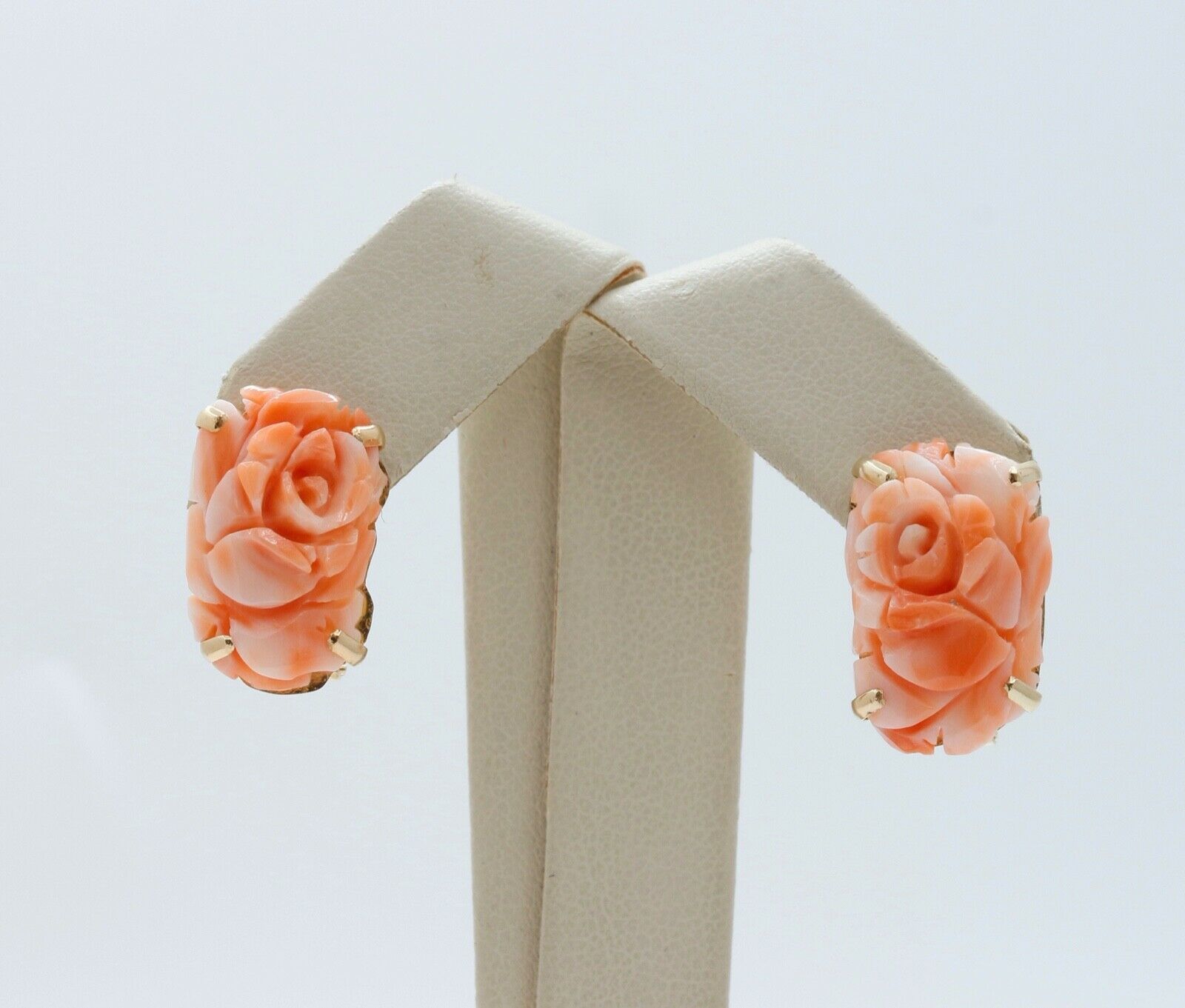 Carved Coral Flower 14K Yellow Gold Earrings