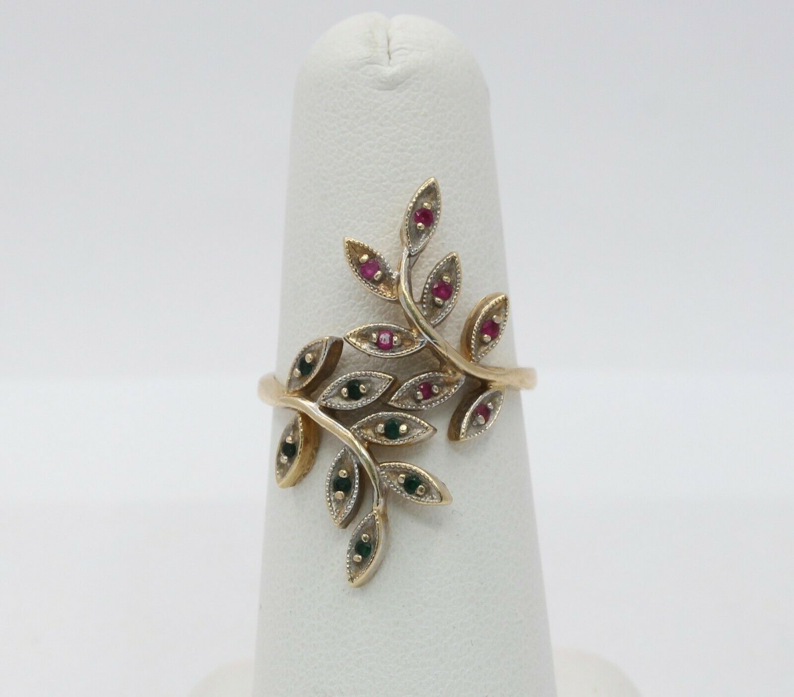 Vintage Floral 14K Yellow Gold Ruby Emerald Ring