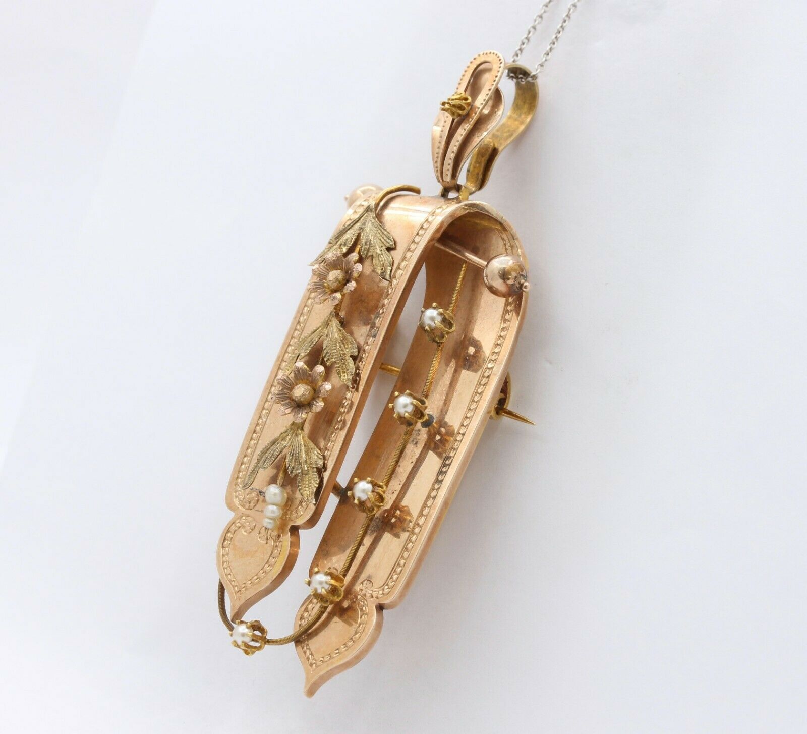 Victorian 14K Rose Gold Pearl Floral Brooch