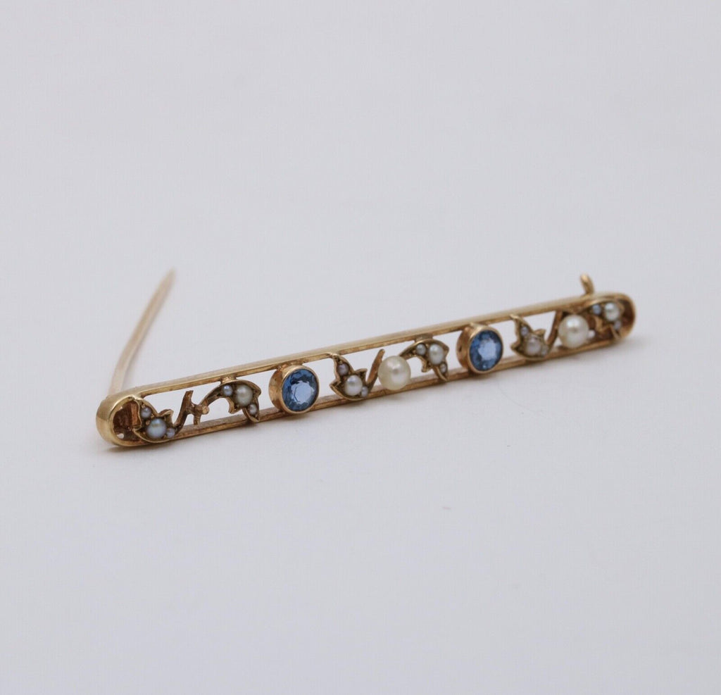 Antique Art Deco 14K Yellow Gold Sapphire & Pearl Bar Pin.