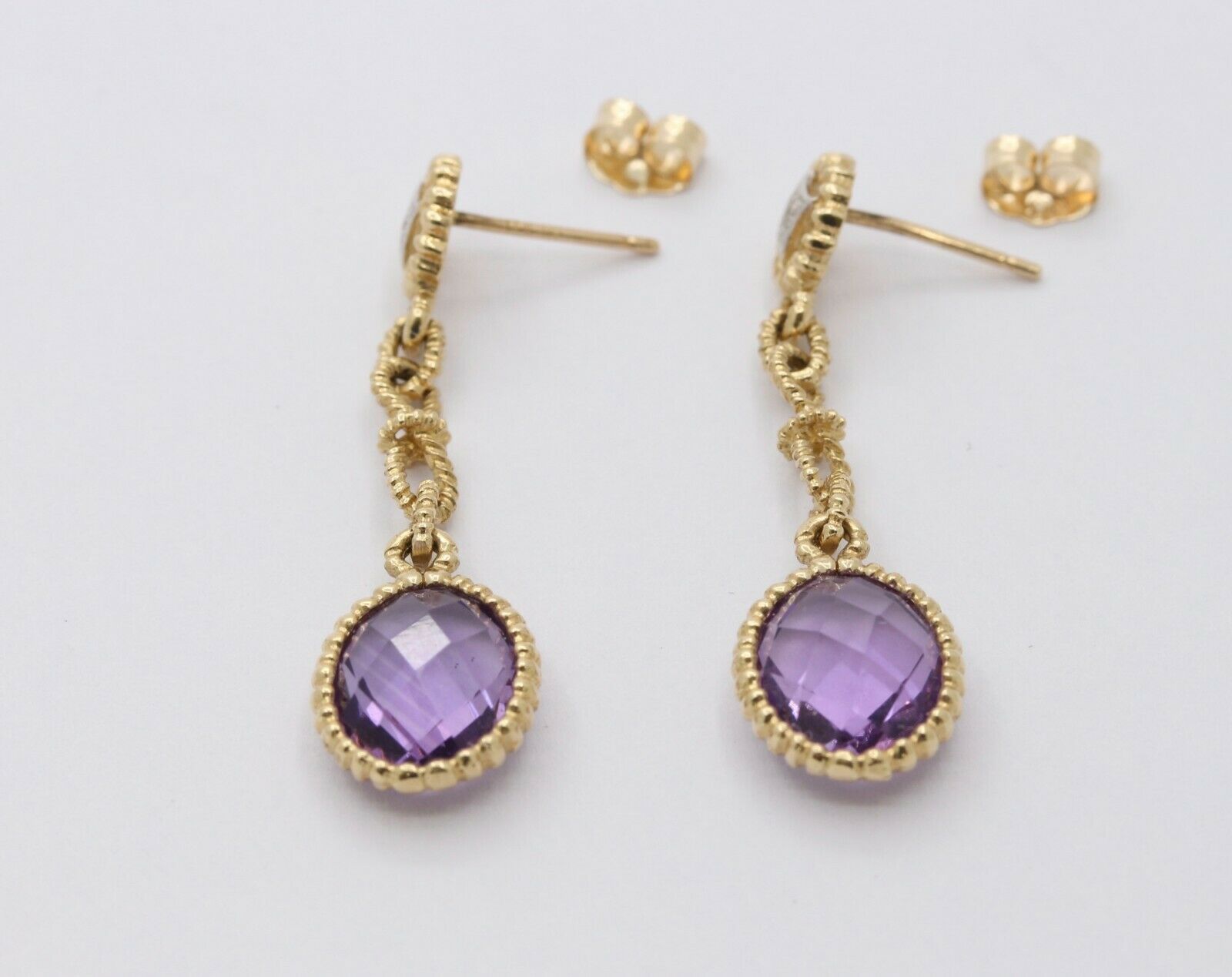 Vintage 14K Yellow Gold Hanging Amethyst Diamond Earrings