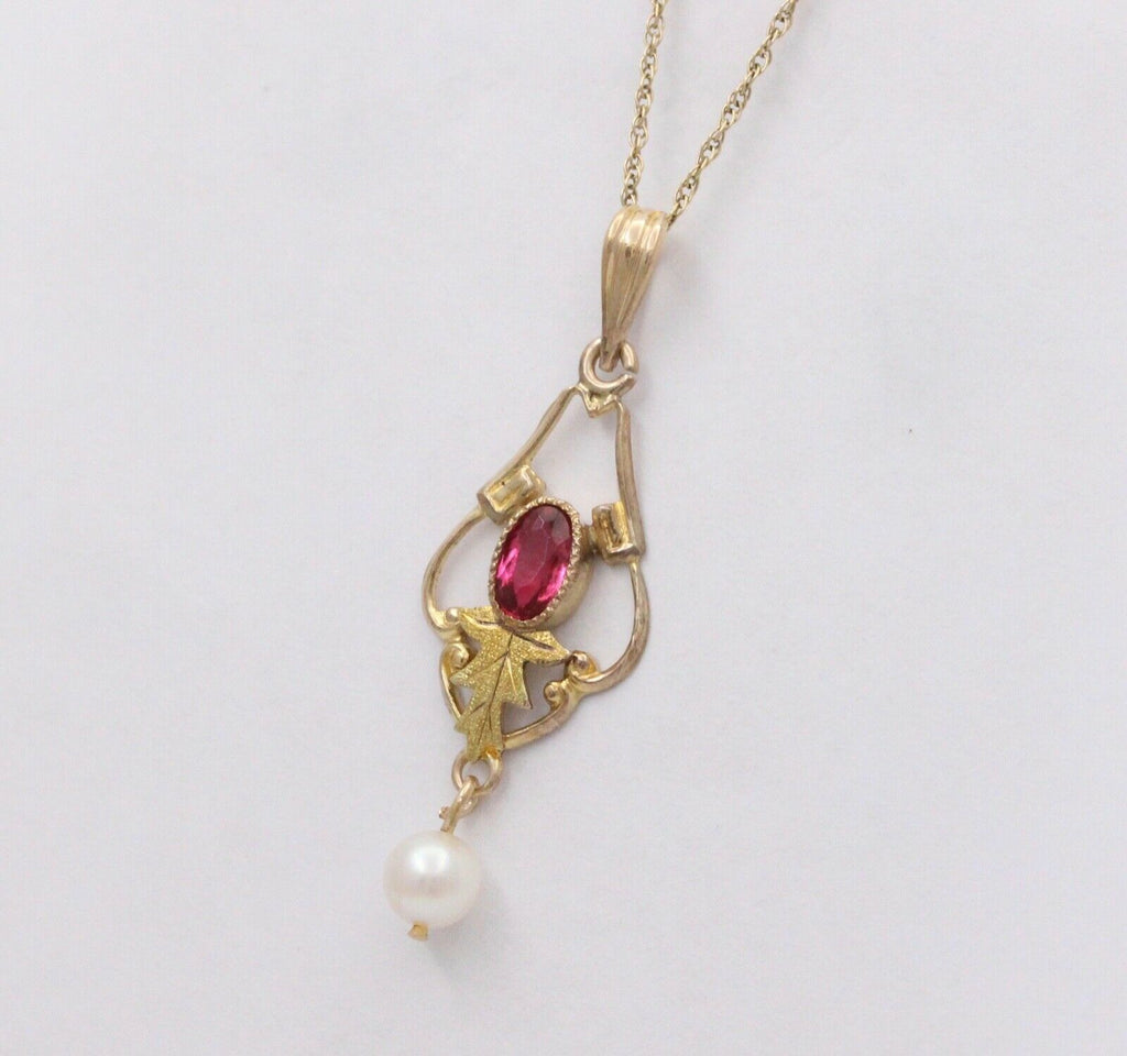 Antique Art Nouveau 10K Yellow Gold Pink Tourmaline & Pearl Charm, Teardrop Pend