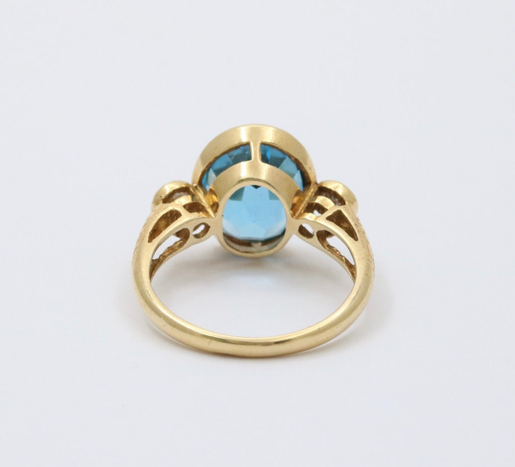 Vintage 14K Yellow Gold London Blue Topaz and Diamond Statement Ring