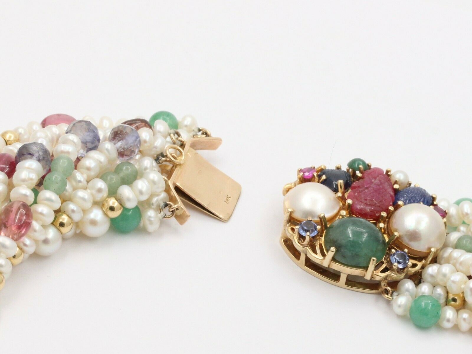 Vintage Beaded Pearl, Ruby, Sapphire and Aventurine Multi Strings Necklace