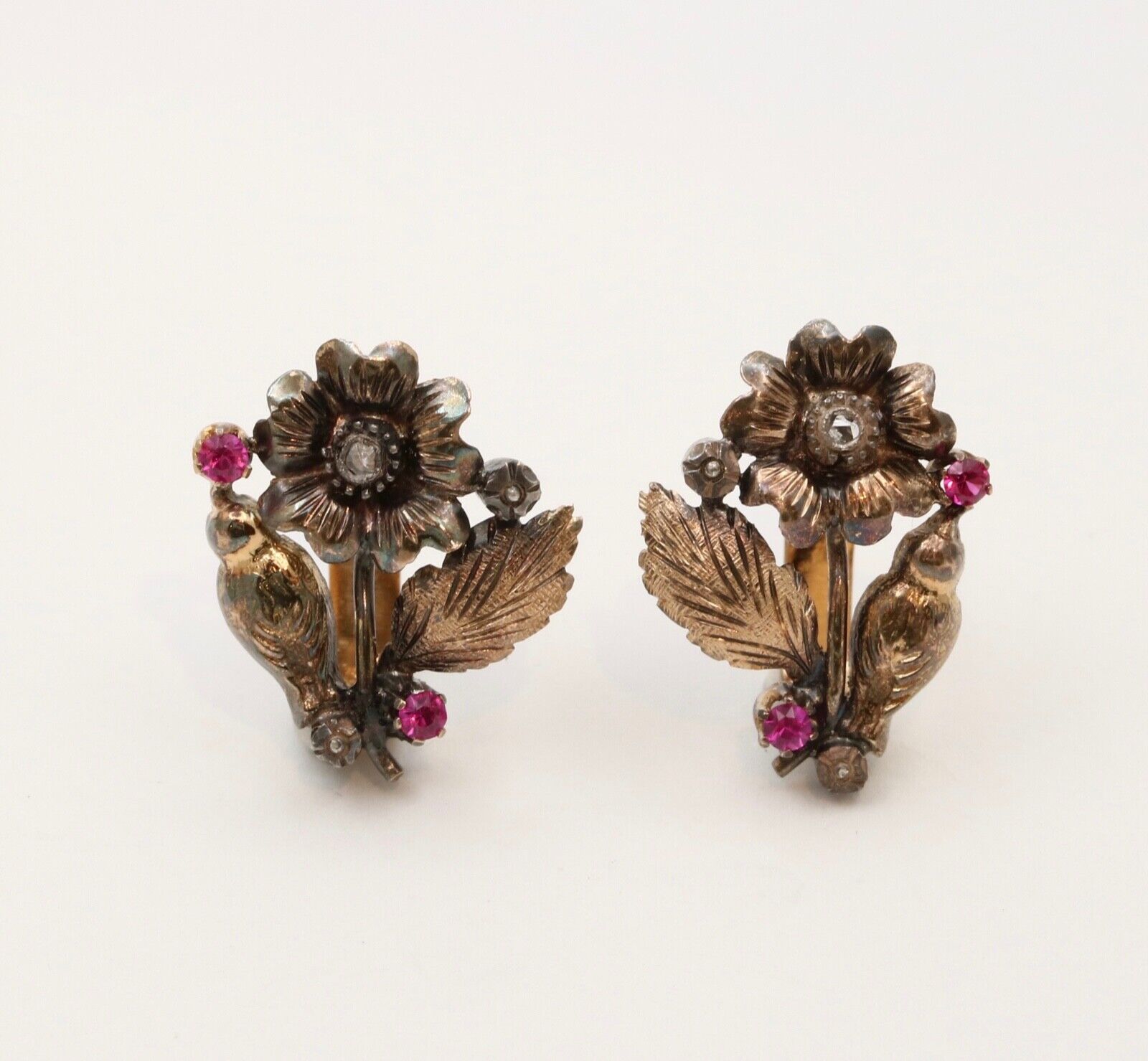 14k Yellow Gold Antique Style Rose Cut Diamond and Synthetic Ruby Huggie Earrings