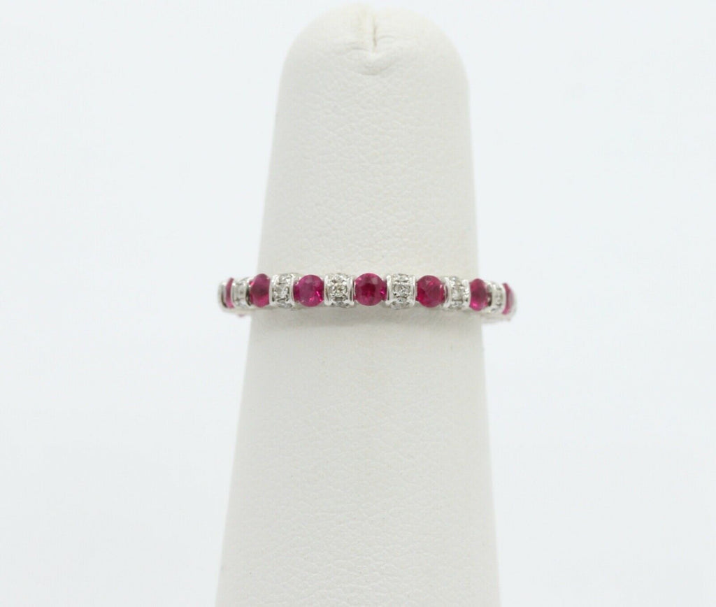 Ladies 18K White Gold Diamonds Rubies Stacking Eternity Band