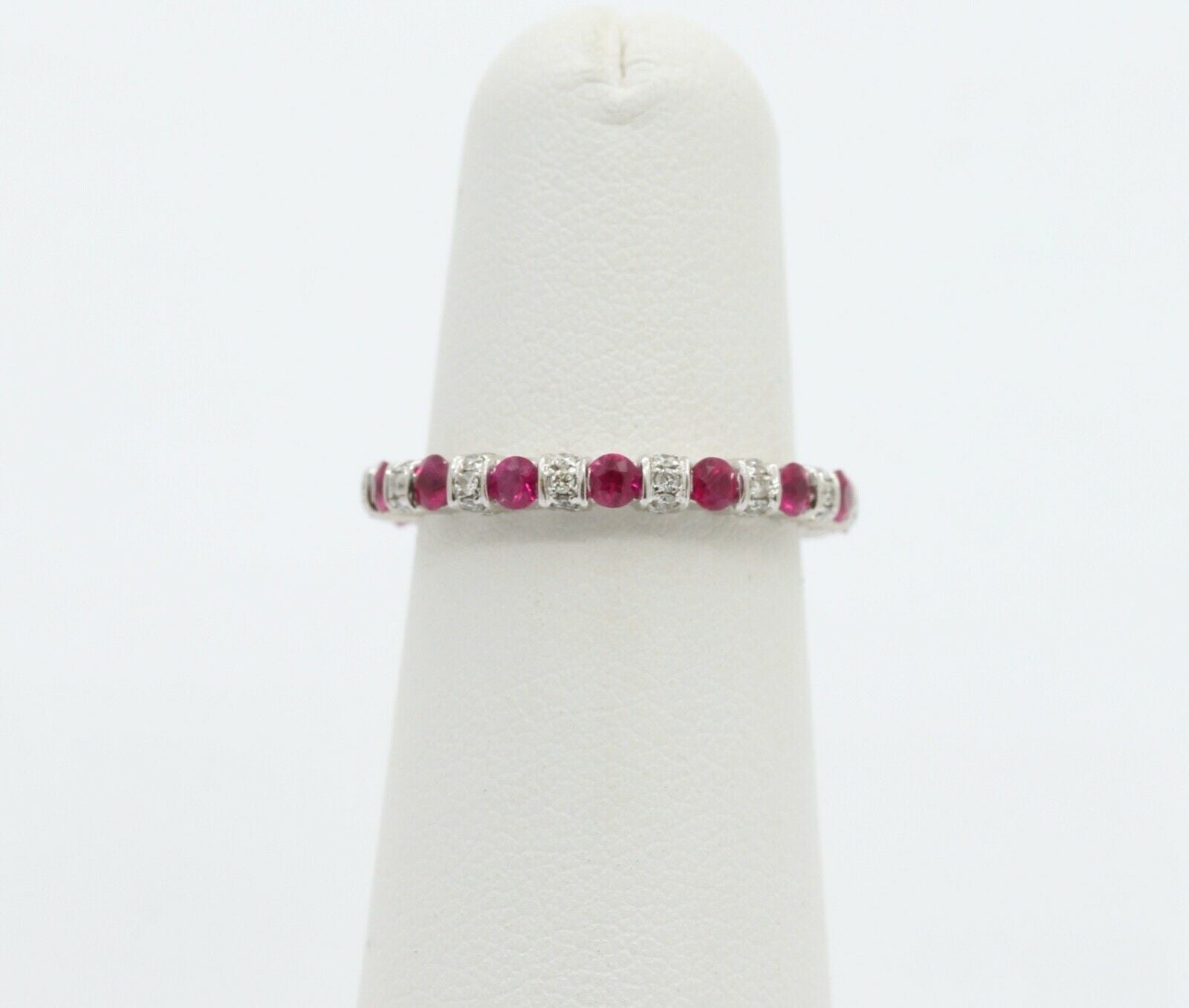 Ladies 18K White Gold Diamonds Rubies Stacking Eternity Band