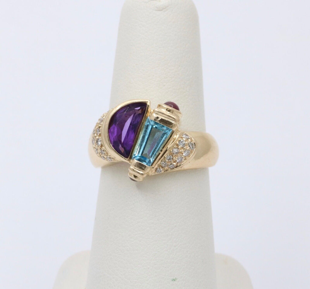 Vintage Geometric Amethyst Blue Topaz Tourmalines Diamonds 14K Yellow Gold Ring