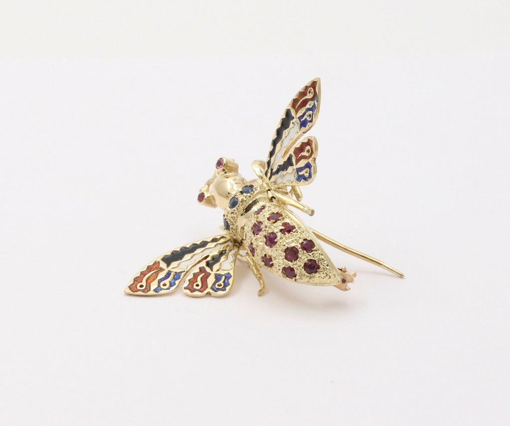 Vintage Movable Honey Bee Sapphires Rubies Enamel 14K Yellow Gold Brooch Pendant