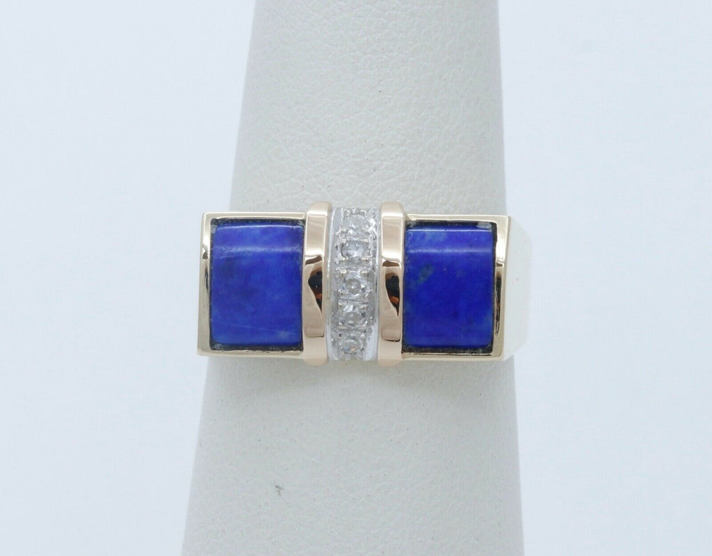 Cool Unisex Geometric Lapis Lazuli Diamonds 14K Yellow Gold Ring