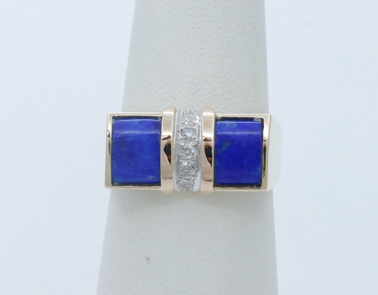Cool Unisex Geometric Lapis Lazuli Diamonds 14K Yellow Gold Ring