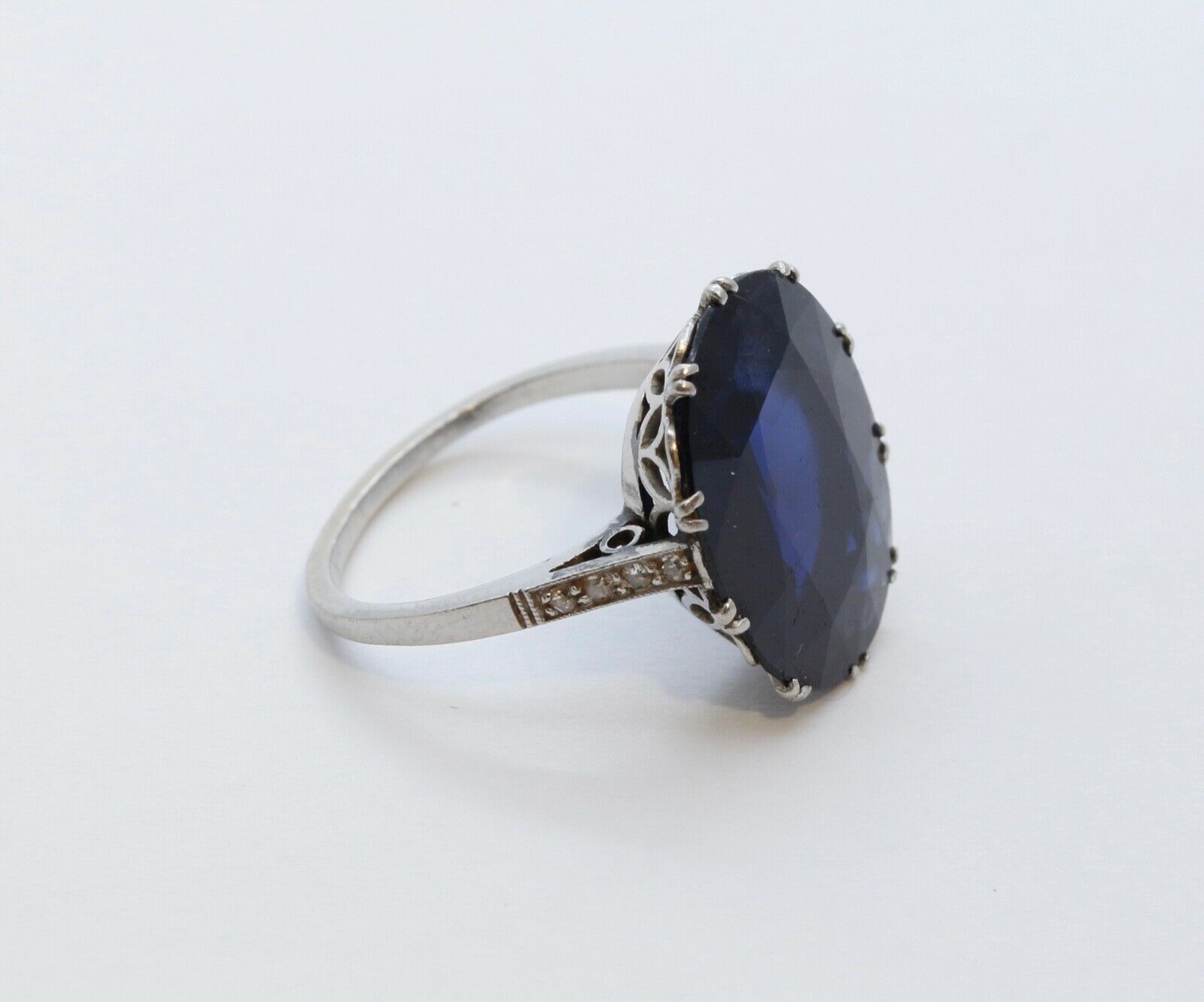 Art Deco Large Synthetic Sapphire Diamonds Platinum Cocktail Ring