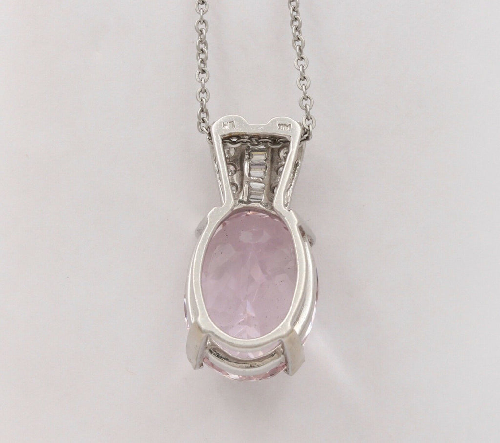 Vintage Pink Cushion Cut 23 carats Kunzite And Diamonds 14K White Gold Pendant