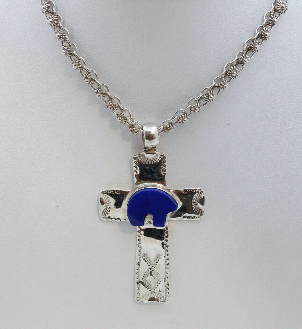 Navajo Lapis Lazuli Bear Sterling Silver Cross Pendant