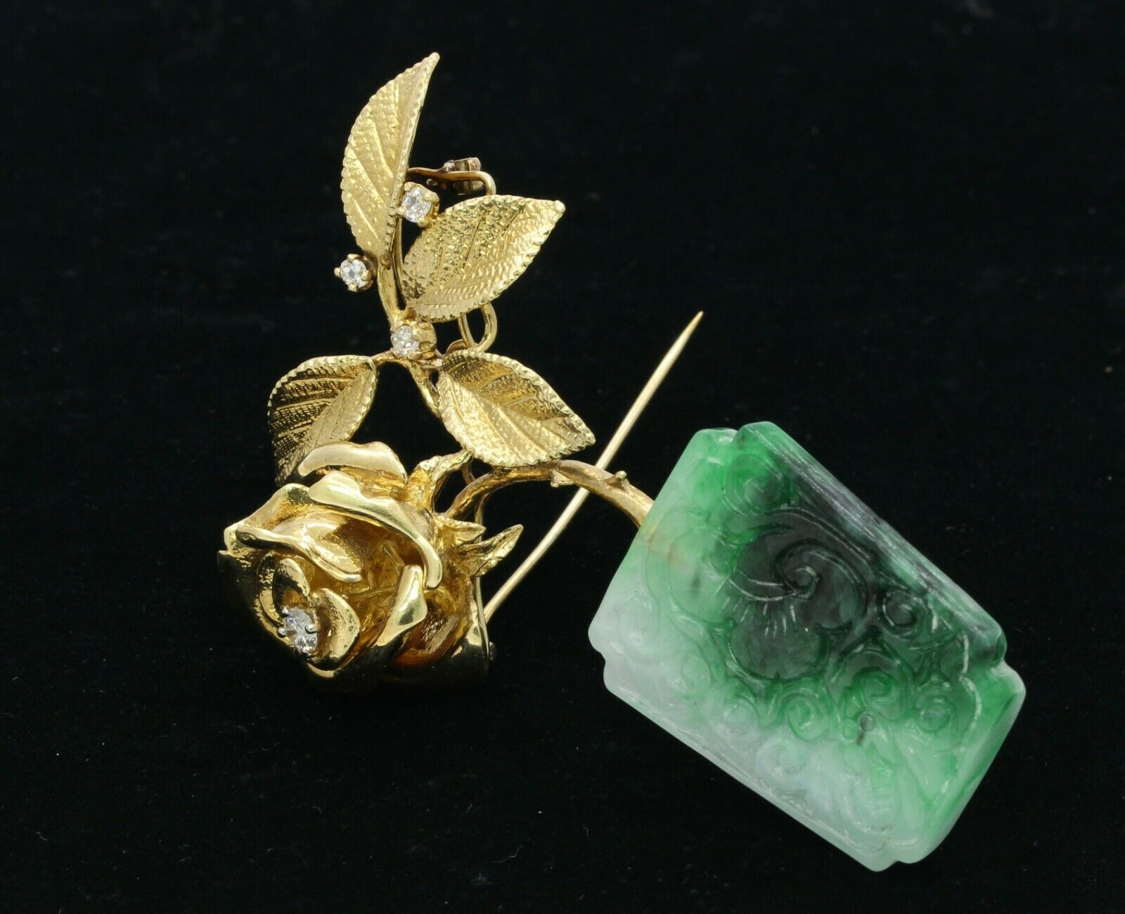 Vintage Heavy Custom Made 18K Yellow Gold Diamond Jade Rose Flower Pot Brooch