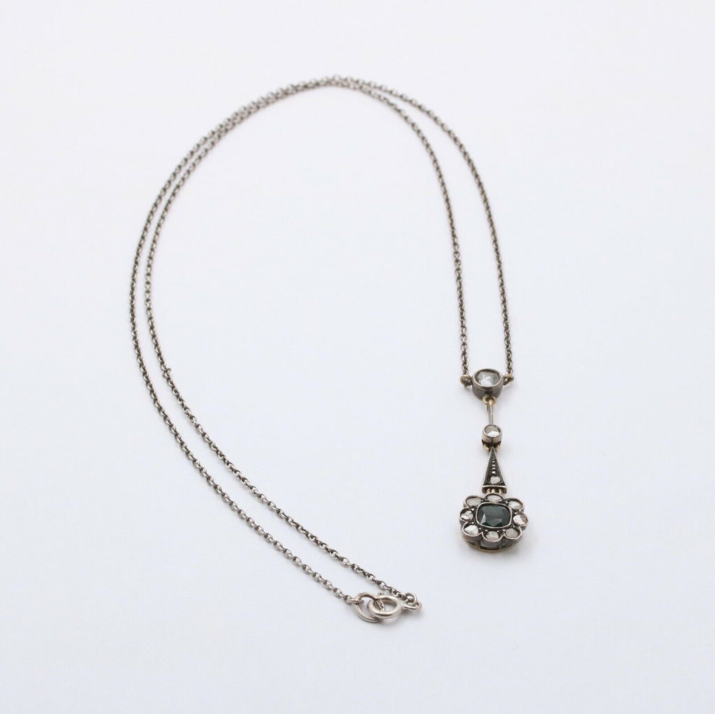 Edwardian 14K Gold & Silver Sapphire, Rose Cut Diamond Floral Lavalier Necklace