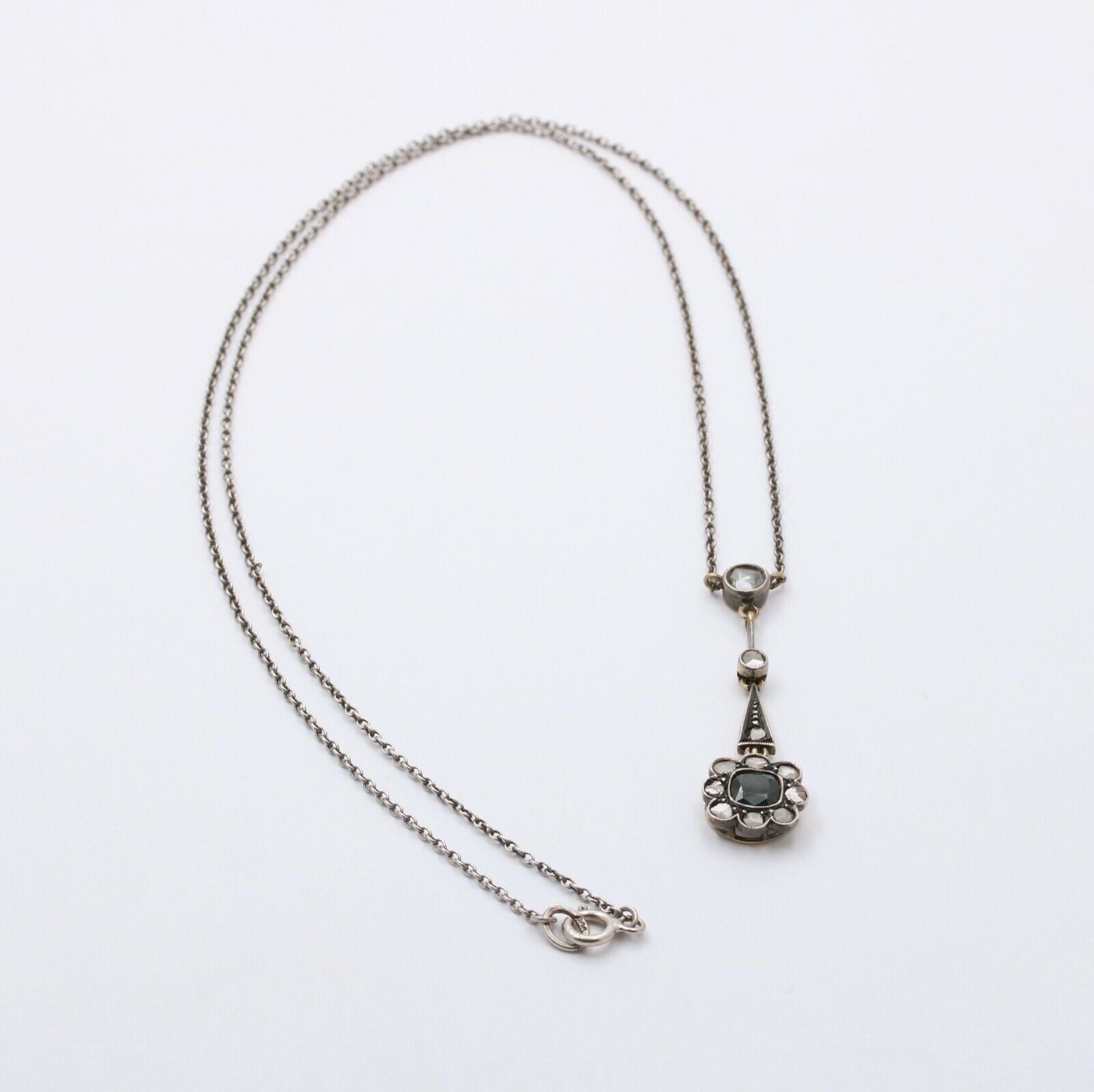 Edwardian 14K Gold & Silver Sapphire, Rose Cut Diamond Floral Lavalier Necklace