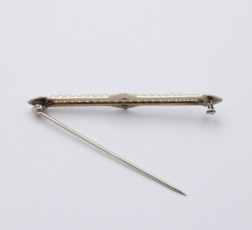Antique 10K White Gold Art Deco Pearl Bar Brooch, Pin