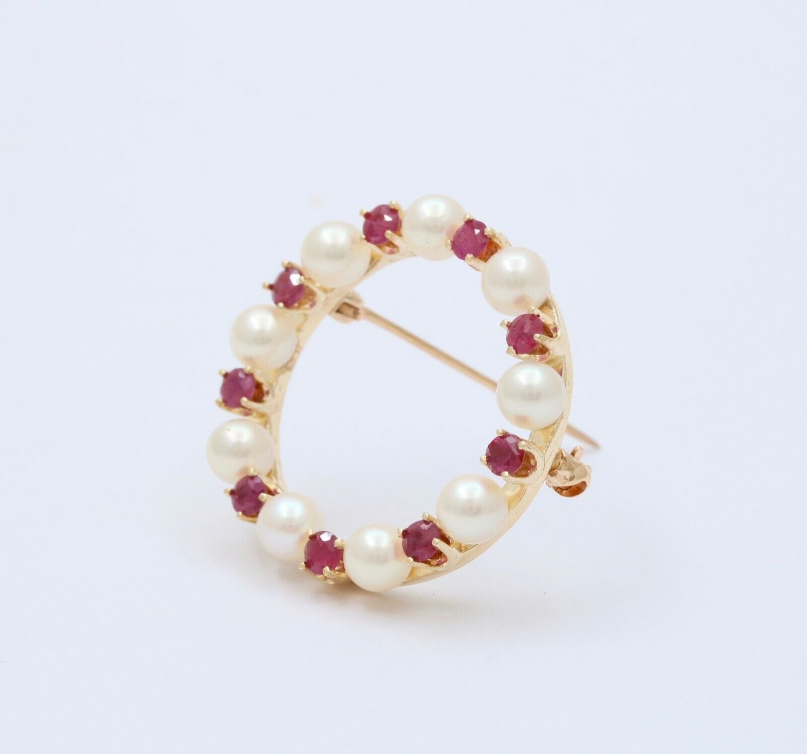 Vintage Rubies Cultured Pearls 14K Yellow Gold Brooch Pin