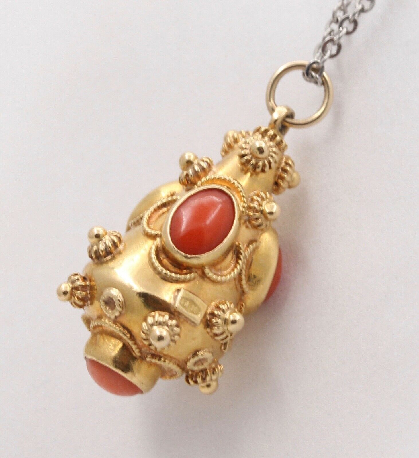 Victorian Etruscan Revival 18K Yellow Gold Coral Pendant Charm