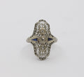Art Deco 18K White Gold Diamonds Sapphires Ring