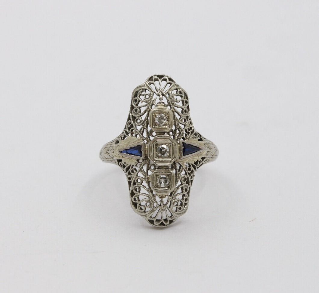 Art Deco 18K White Gold Diamonds Sapphires Ring