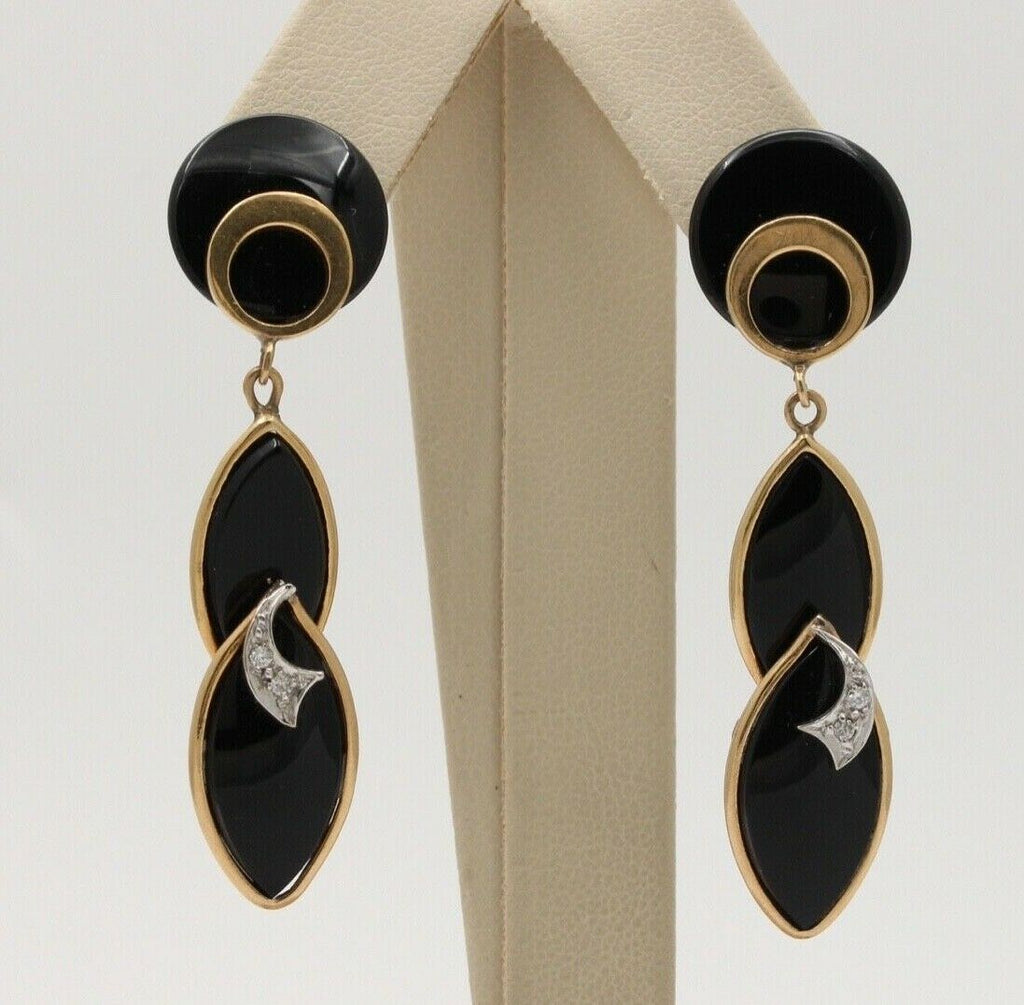 Vintage Funky Onyx 14K Yellow Gold Diamond Dangling Earrings, Drop Earrings.