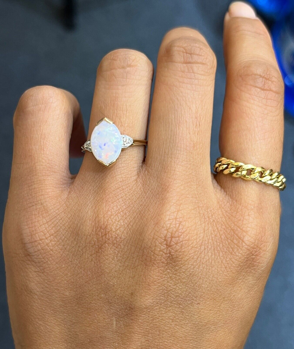 Art Deco 10K Yellow Gold Opal & Diamond Ring