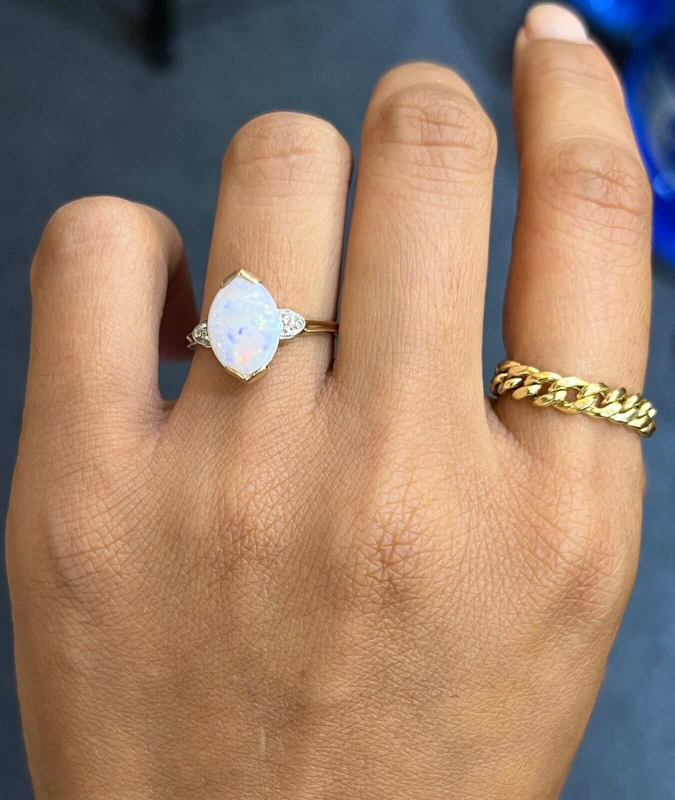 Art Deco 10K Yellow Gold Opal & Diamond Ring