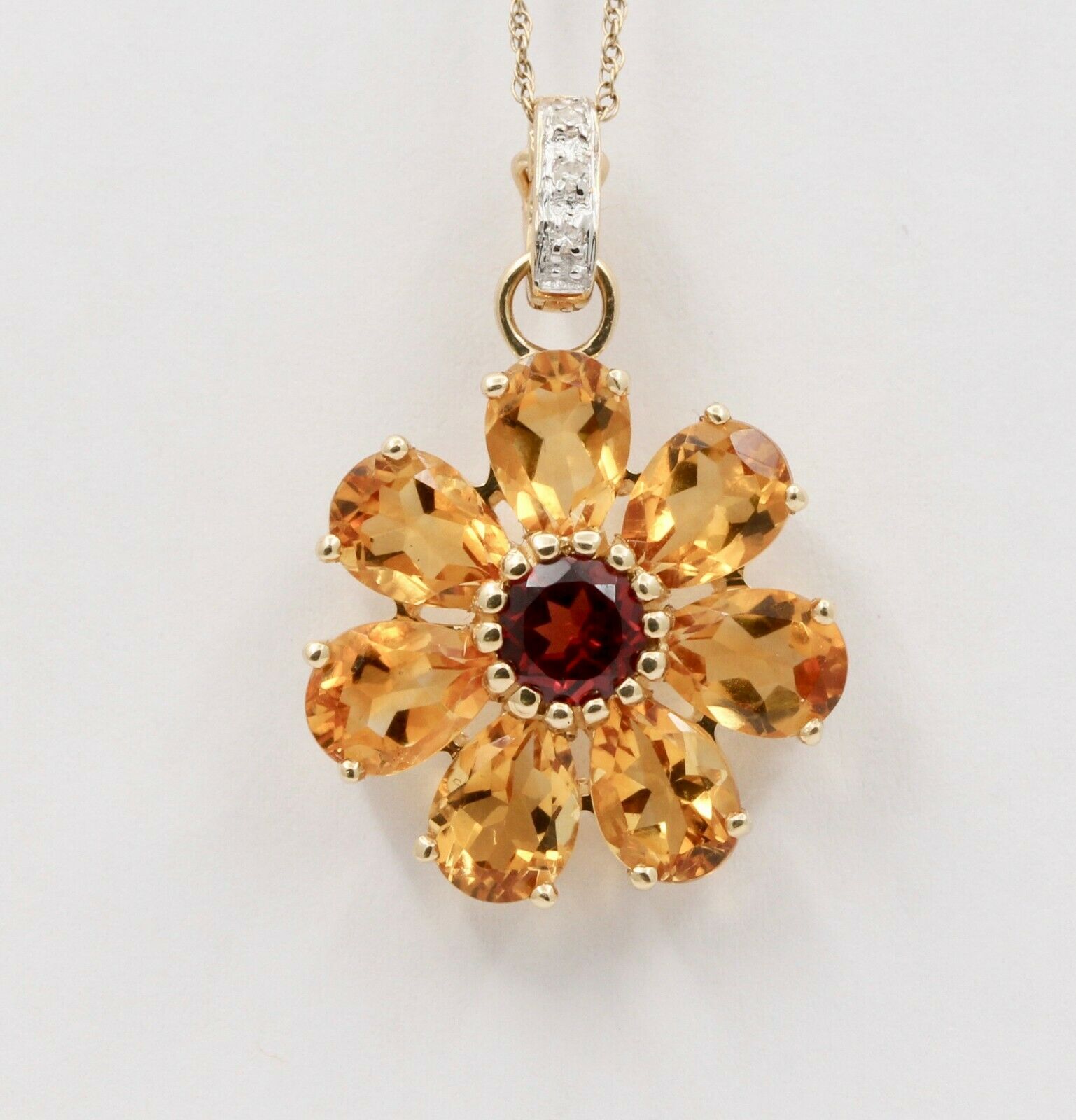 Cute Vintage 14K Yellow Gold Citrine Rubellite Floral Pendant