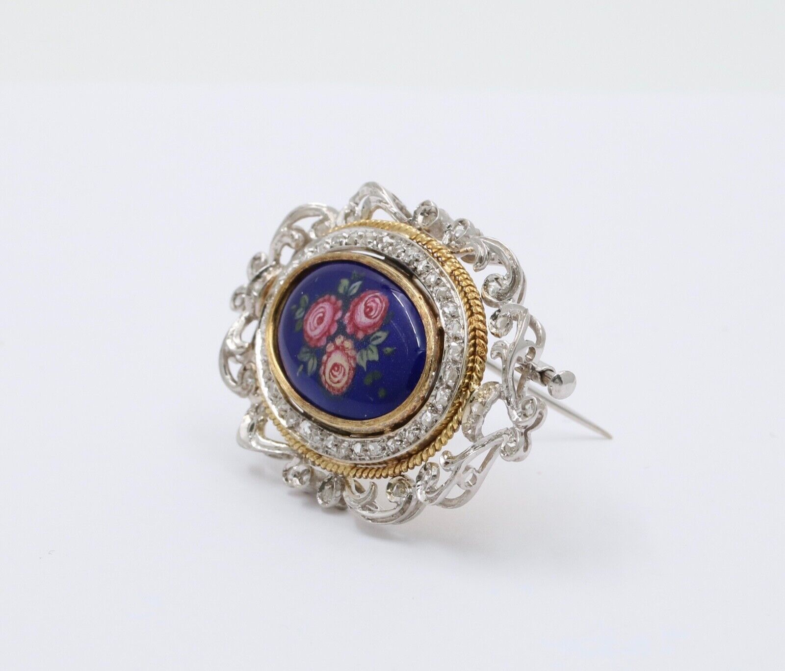 Vintage Italian 18K Gold Flower Painted Porcelain Diamond Pendant Brooch