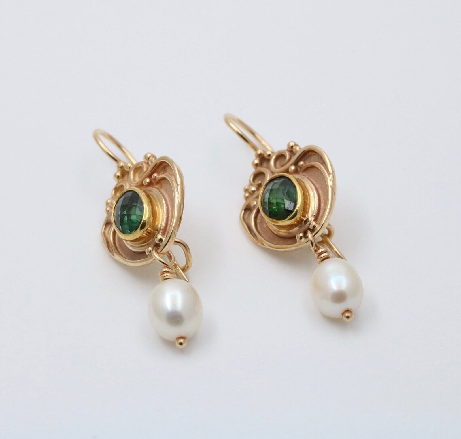 Vintage 14K Yellow Gold Green Tourmaline & Pearl Dangling Earrings