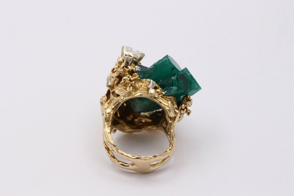 Vintage Brutalist Chatham Emerald Diamonds 14K Yellow Gold Ring