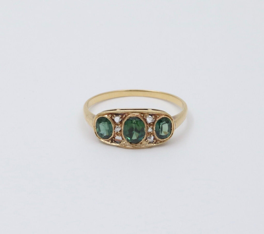 Antique Edwardian 18K Gold Three Green Tourmaline Diamond Ring, Ring Band.