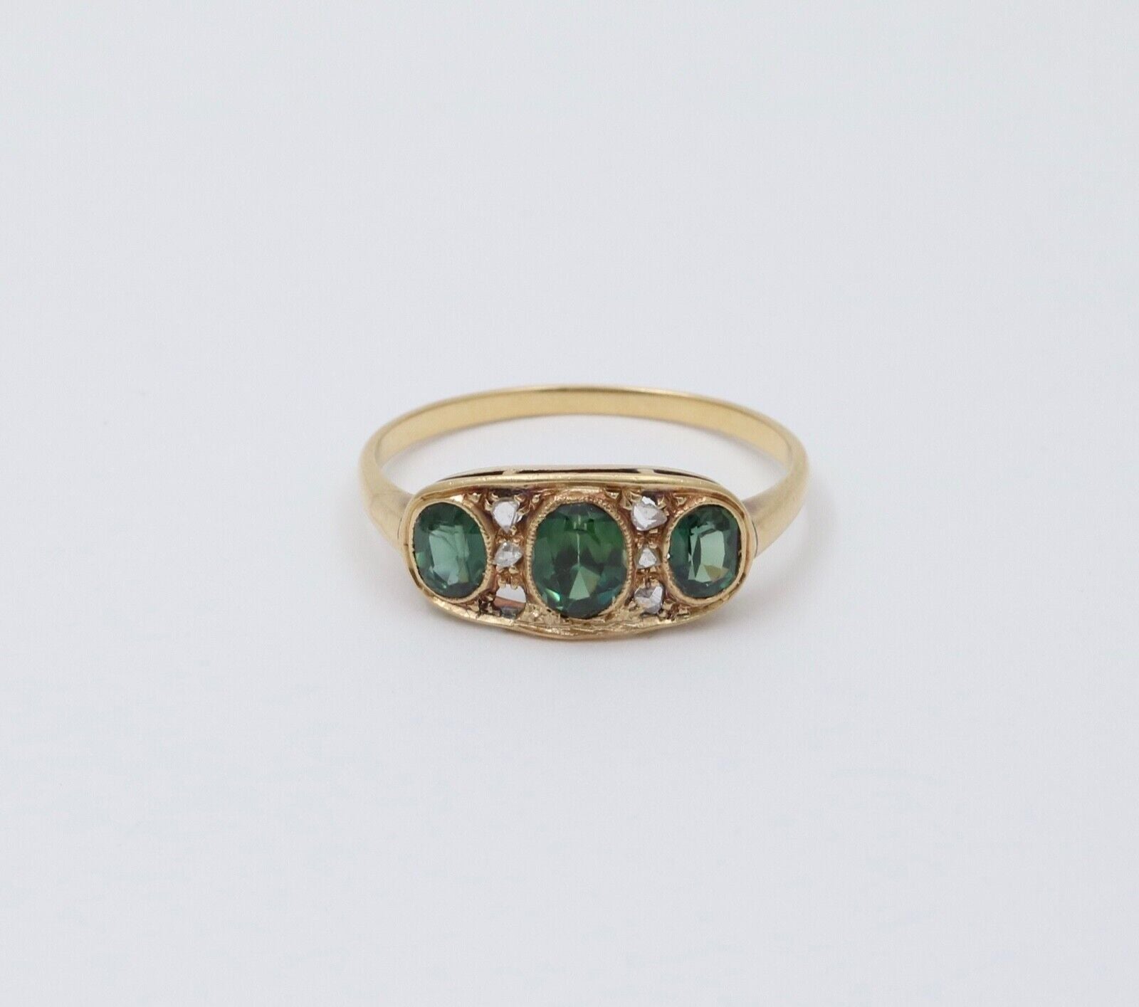 Antique Edwardian 18K Gold Three Green Tourmaline Diamond Ring, Ring Band.