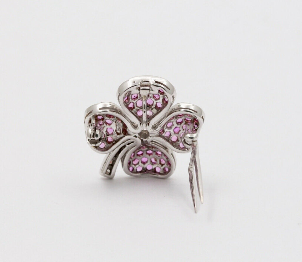 Vintage Four Leaf Clover Rubies Diamonds 14K White Gold Pendant Brooch Pin