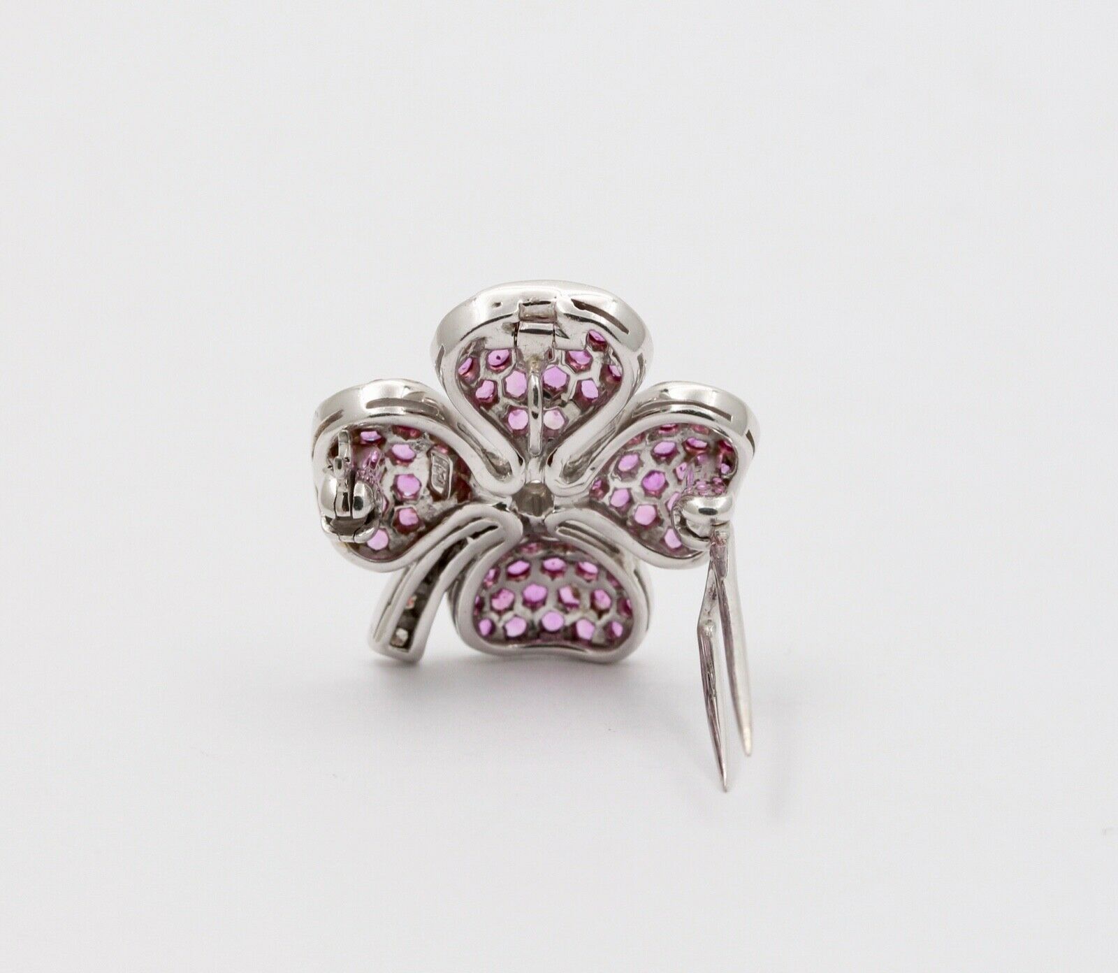 Vintage Four Leaf Clover Rubies Diamonds 14K White Gold Pendant Brooch Pin