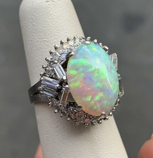 Vintage 1960's Australian Opal and Diamond 14K White Gold Statement Ring
