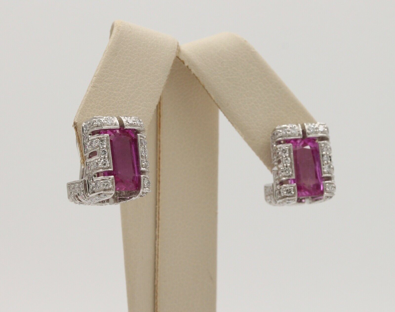 Vintage 18K White Gold Haggis’s Emerald Cut Pink Topaz Diamond Earrings