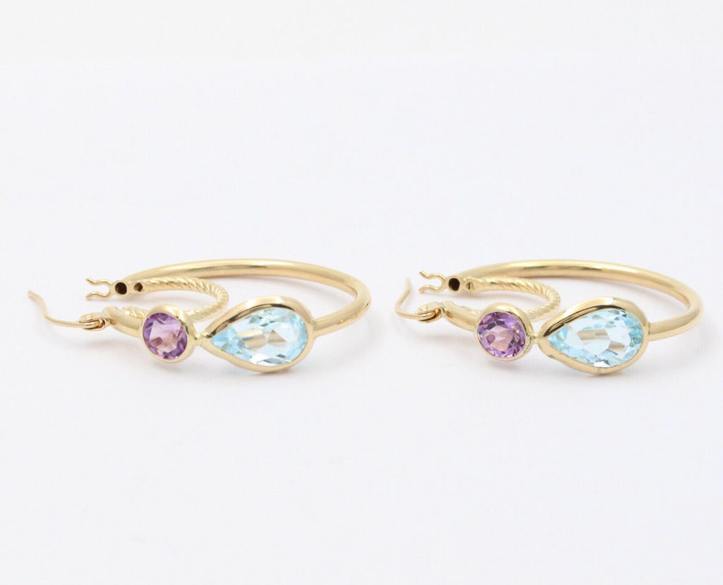 Minimalist 14K Yellow Gold Blue Topaz & Amethyst Huggie Earrings.
